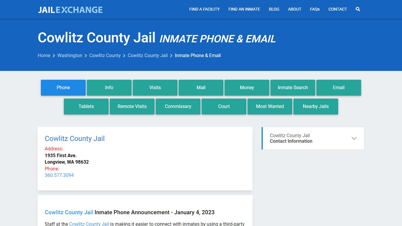 Inmate Phone - Cowlitz County Jail, WA - Jail Exchange